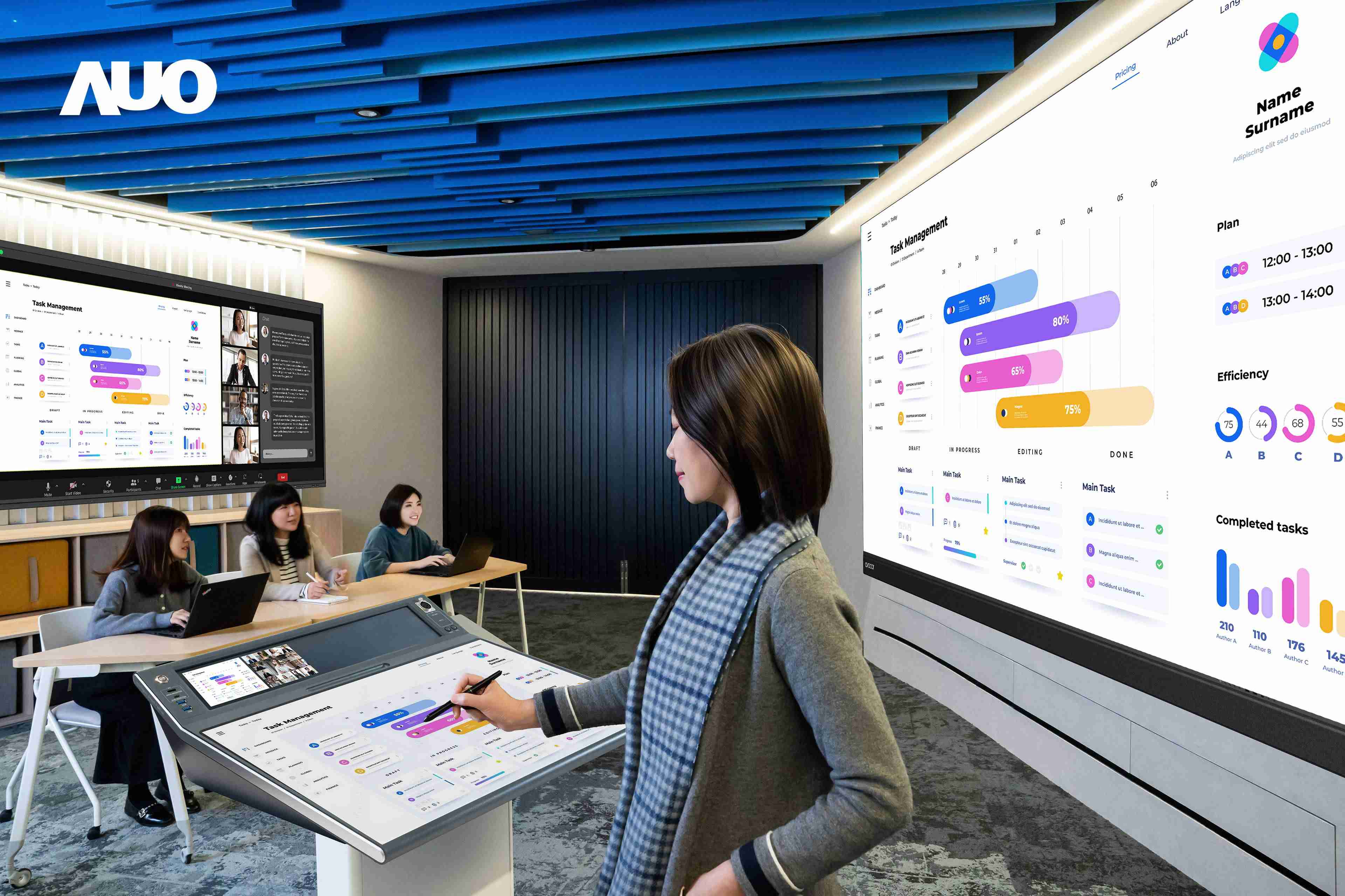 达擎携手Avocor与Rise Vision展示全方位商务领域应用，，，包含采用模块化设计的138吋一体式All-in-One LED显示器及具21:9超宽比例的92吋交互式电子白板（IFPD），，讲者可轻松分享内容，，，有效提升会议协作效率。。